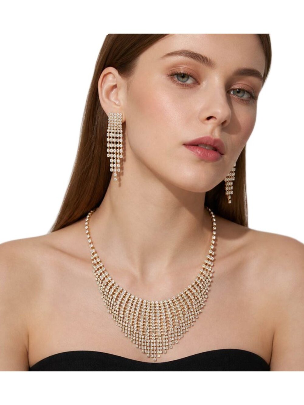 Tigerstars Gold Curved Rhinestone Paved Necklace